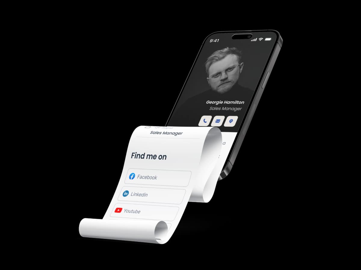 Digital business vCard on mobile phone with contact buttons and scrollable links to social media platforms like Facebook, LinkedIn, and YouTube.