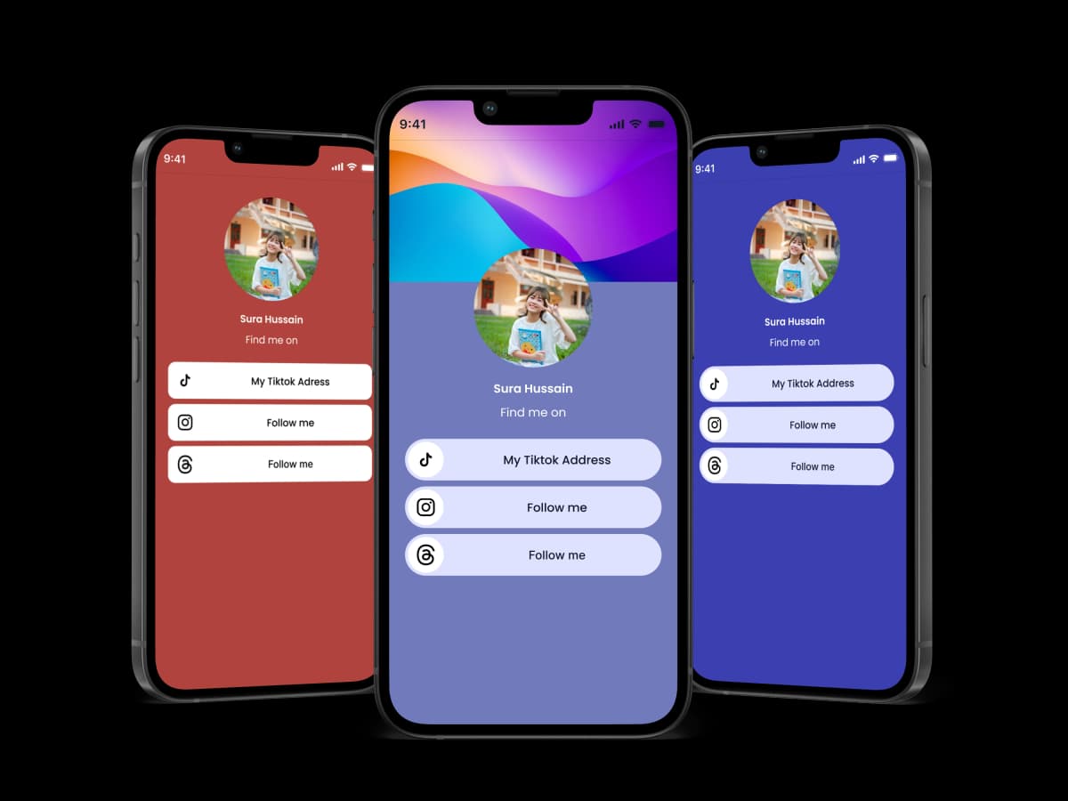 Digital social media profile cards on smartphones with TikTok and Instagram links for boosting online presence via QR codes.
