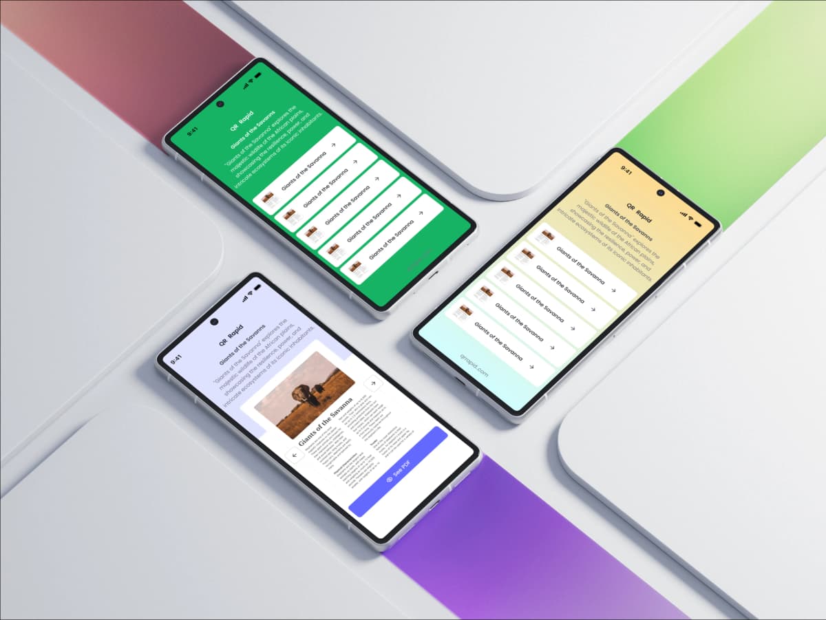 Multiple smartphones displaying categorized workplace documents and productivity PDFs shared through QR codes.