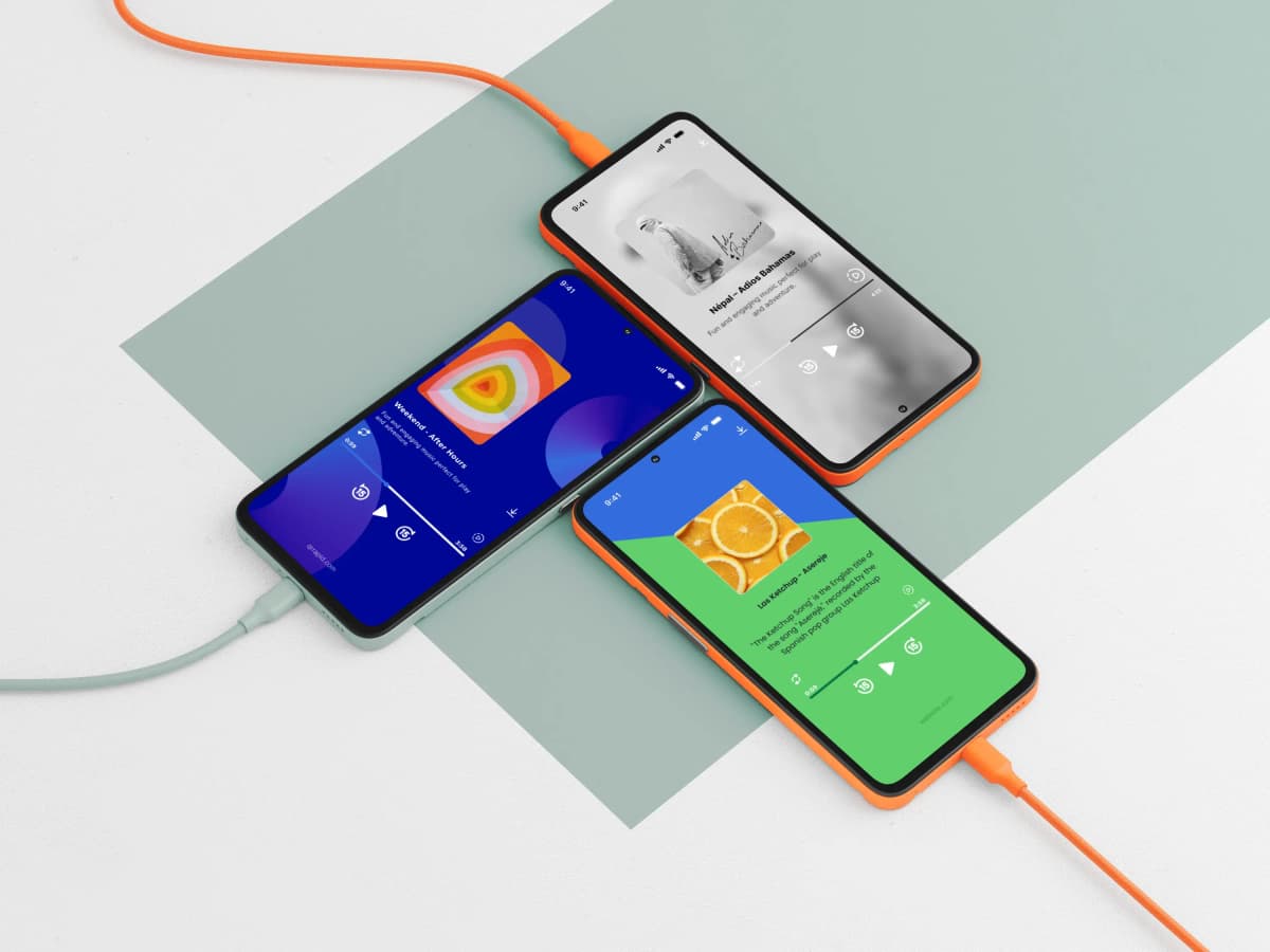 Smartphones showing a QR code-based app for sharing music tracks and creative content in MP3 format.