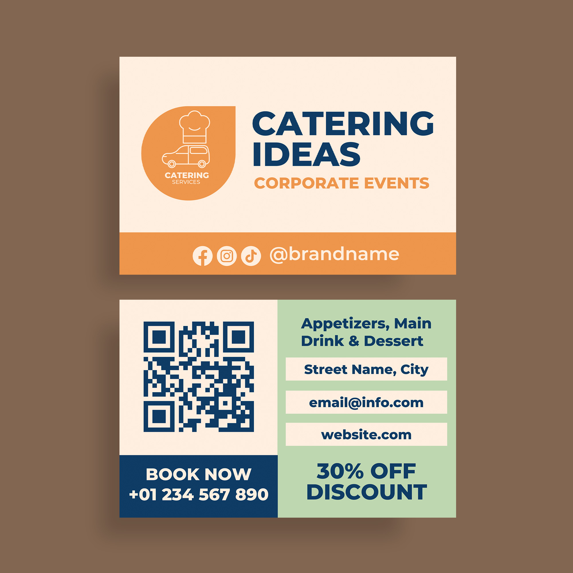 Corporate catering service business card with QR codes for event planning, menu access, and professional meeting coordination