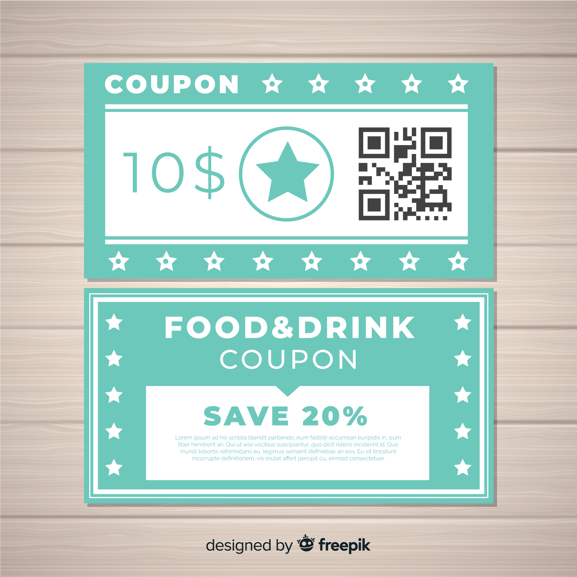 Professional QR code coupon design template featuring discount offers for food and beverage promotional campaigns