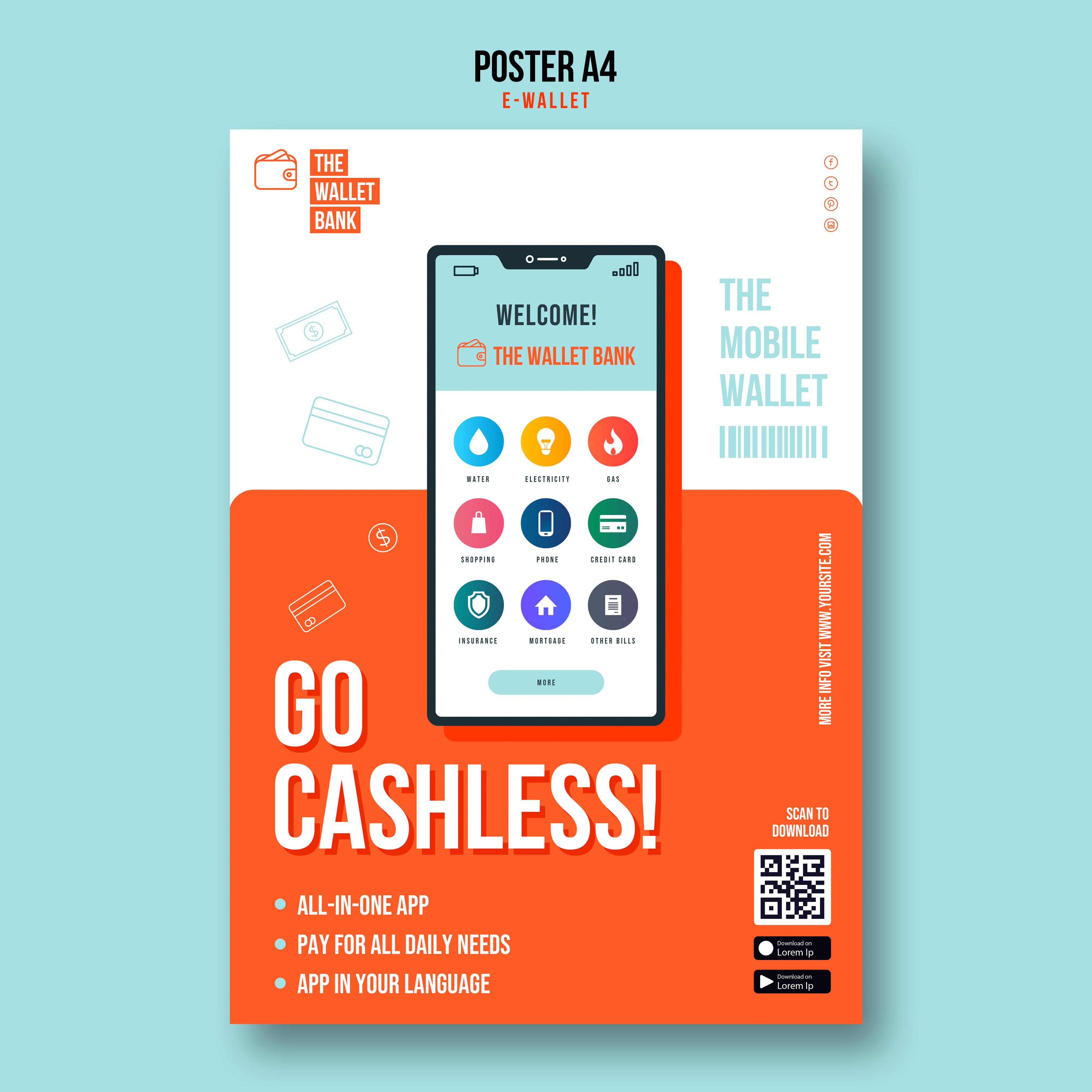 Mobile cashless payment interface design featuring QR code system for digital wallet transactions and contactless payments