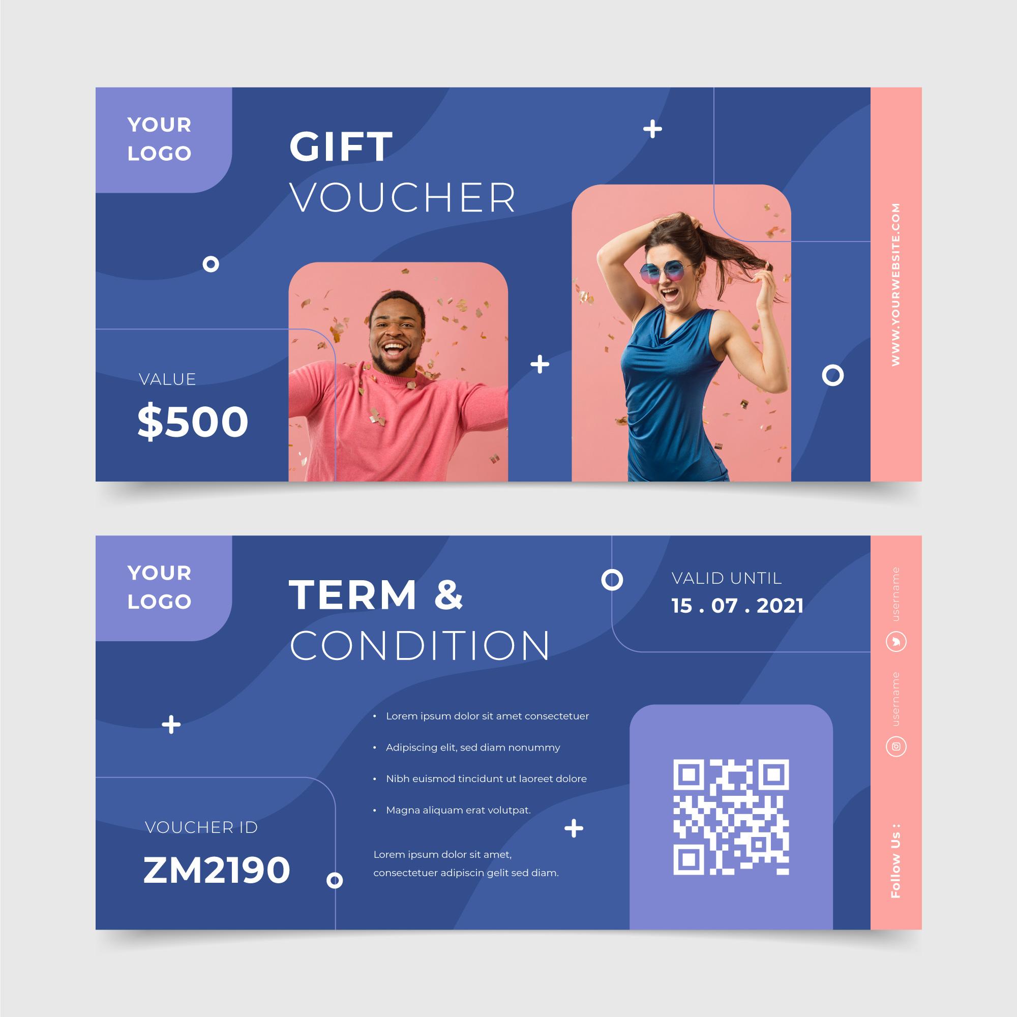 Professional gift voucher and certificate design templates with integrated QR codes for digital redemption and booking systems