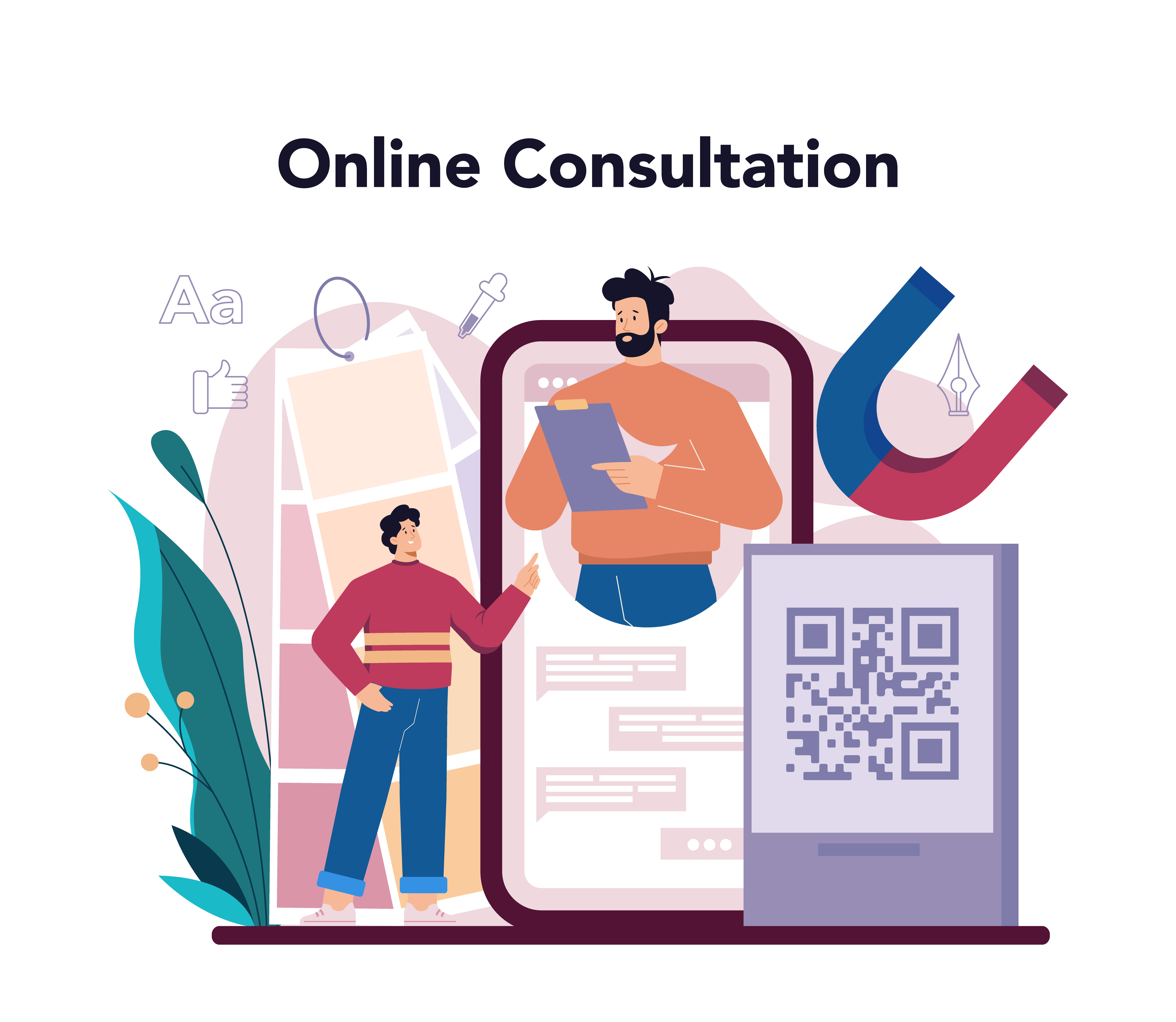 Professional online consultation service design featuring QR codes for appointment booking and client communication systems