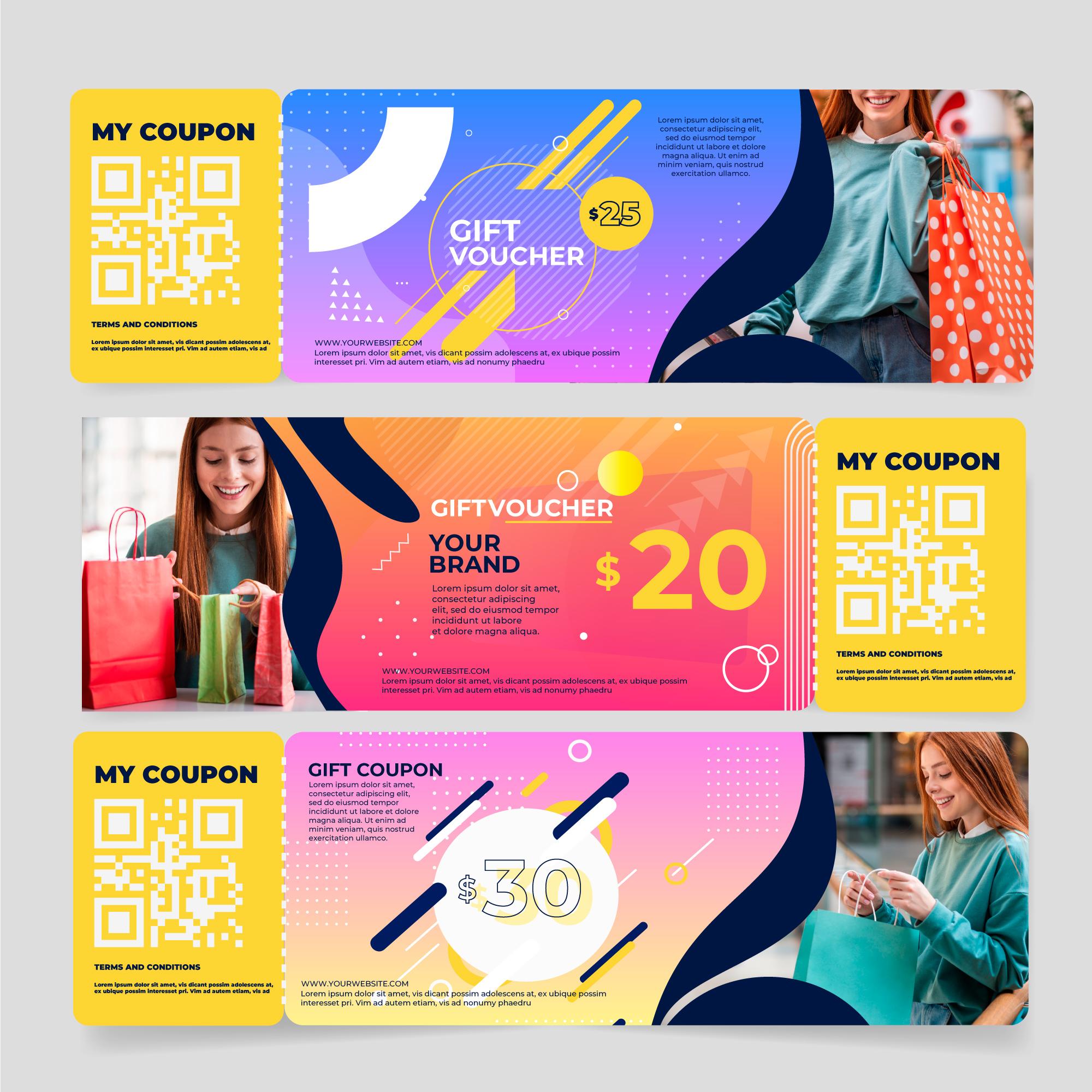 Colorful promotional coupon design layout featuring QR codes for instant discount redemption and marketing campaign tracking