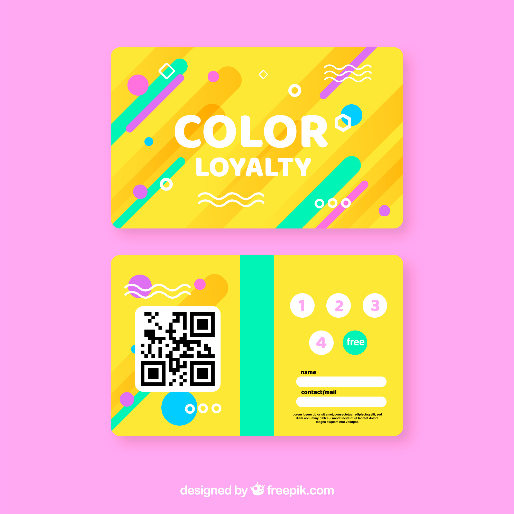 Colorful event loyalty program card with QR code for rewards points and repeat attendance marketing