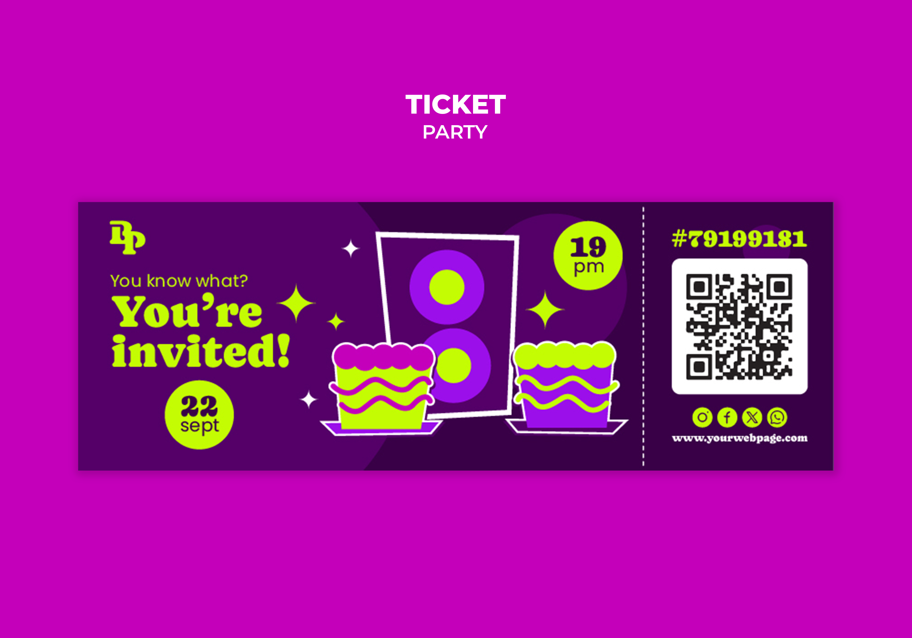 Purple party invitation with QR code and "You're Invited" message for event RSVP and details