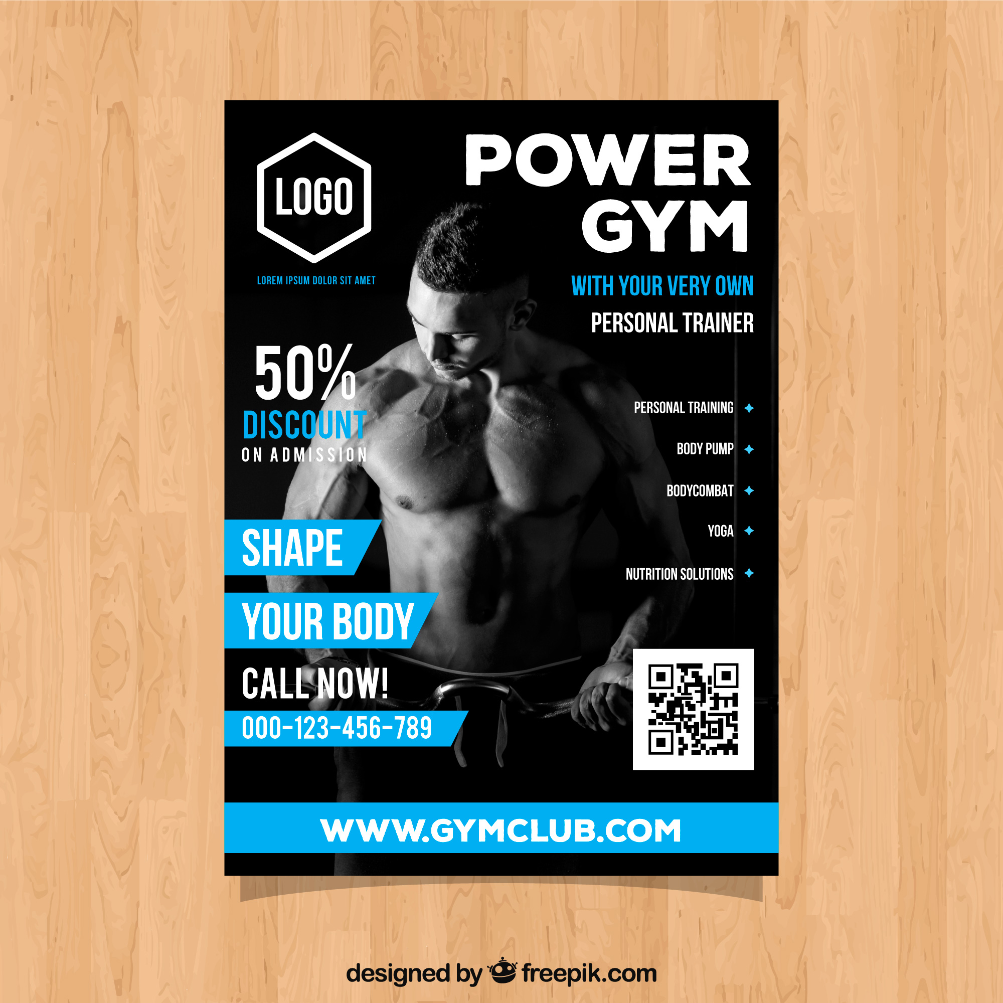 Power gym promotional flyer with QR code offering 50% discount on personal training and membership deals