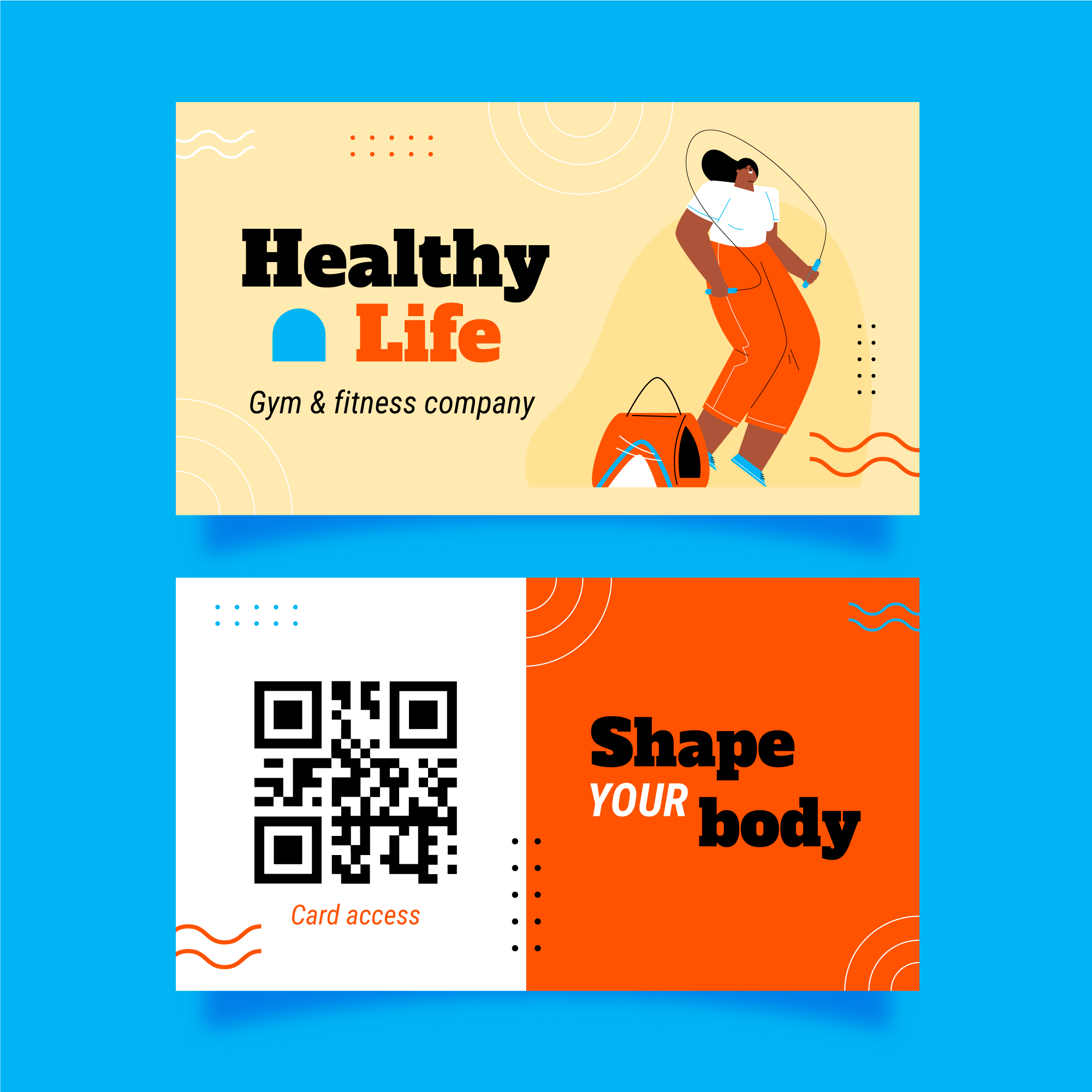 Multi-panel gym brochure with QR codes promoting healthy lifestyle and fitness wellness programs