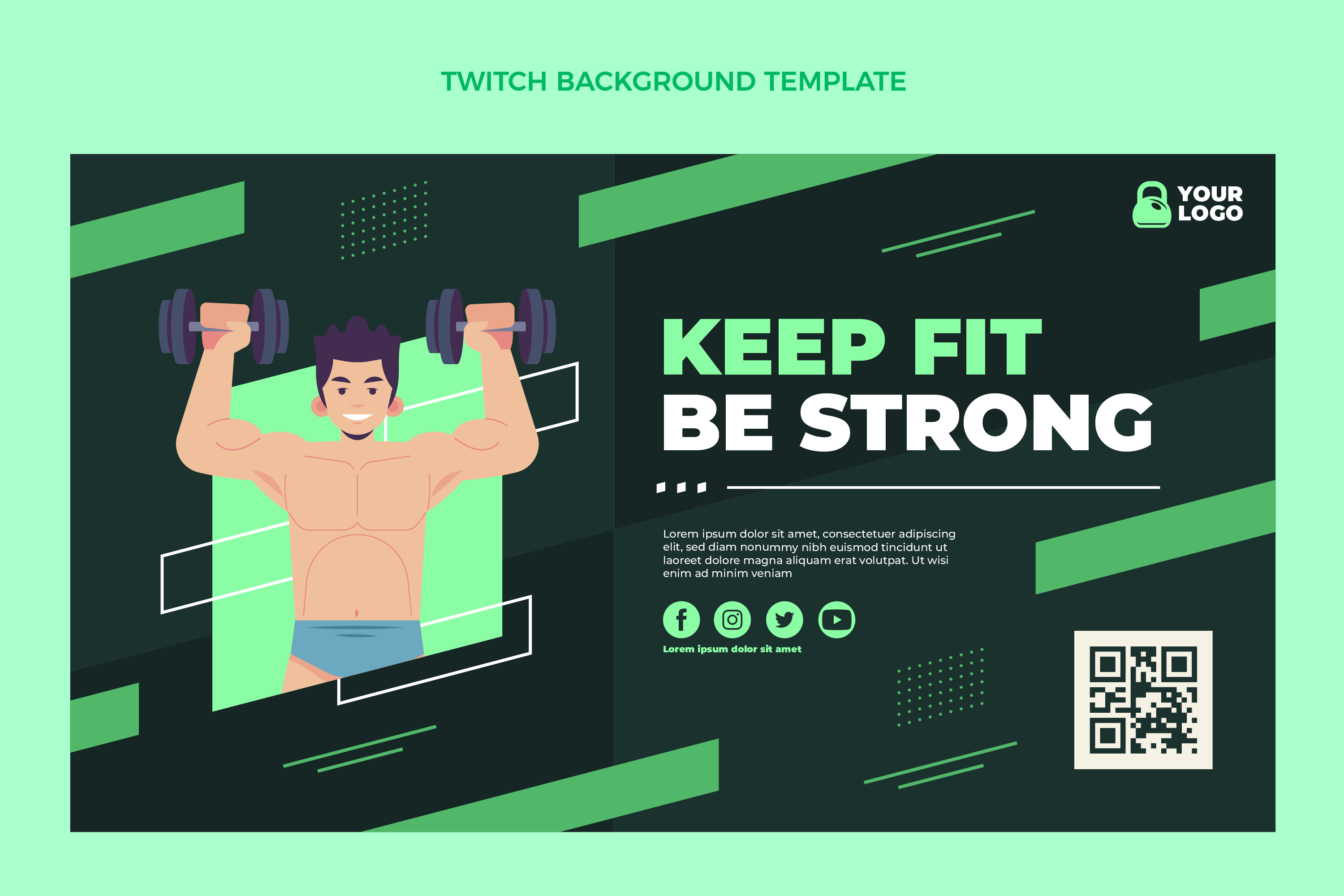 Motivational fitness poster with QR code featuring "Keep Fit Be Strong" message for gym wellness programs