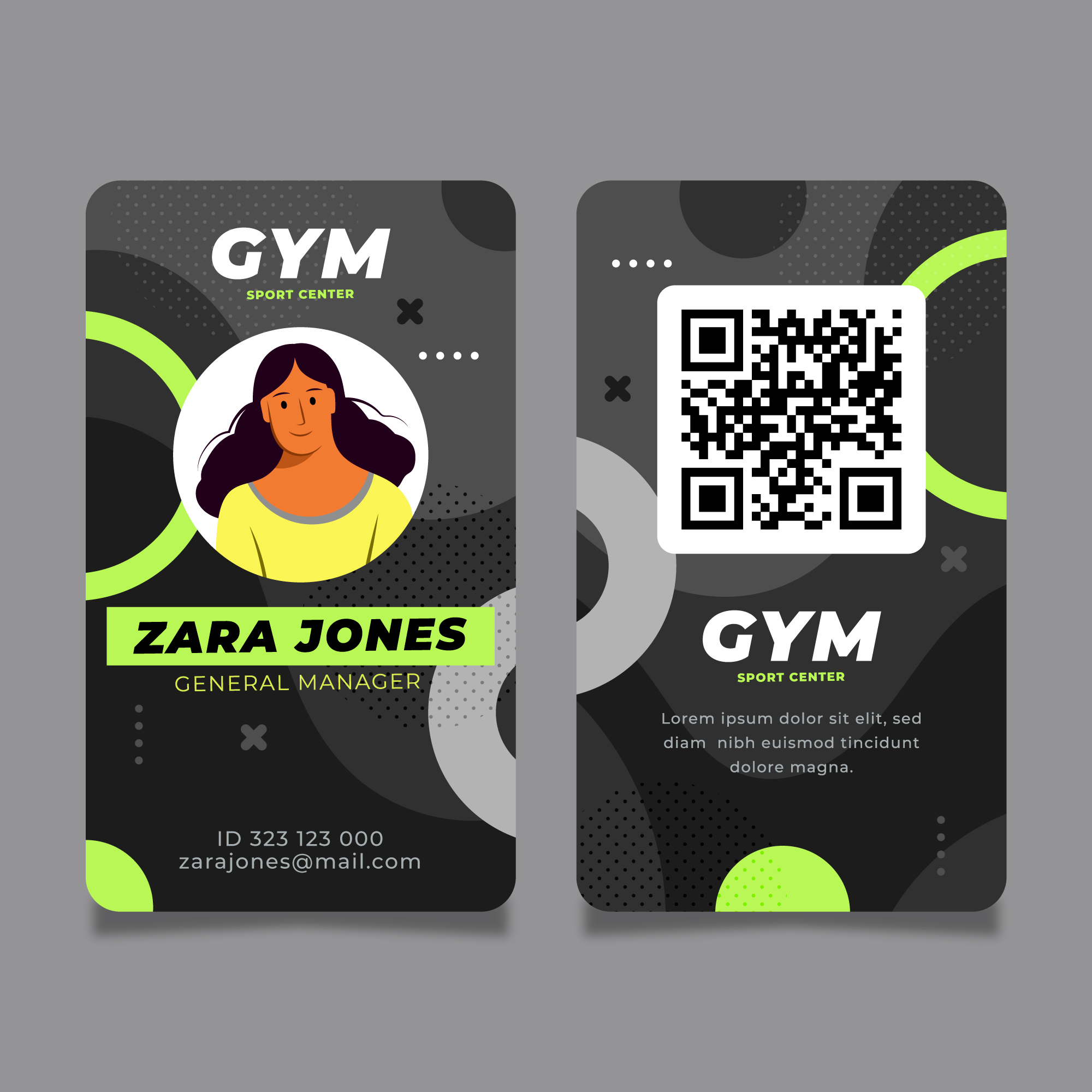 Personal trainer Zara Jones business card with QR code for fitness services and client bookings