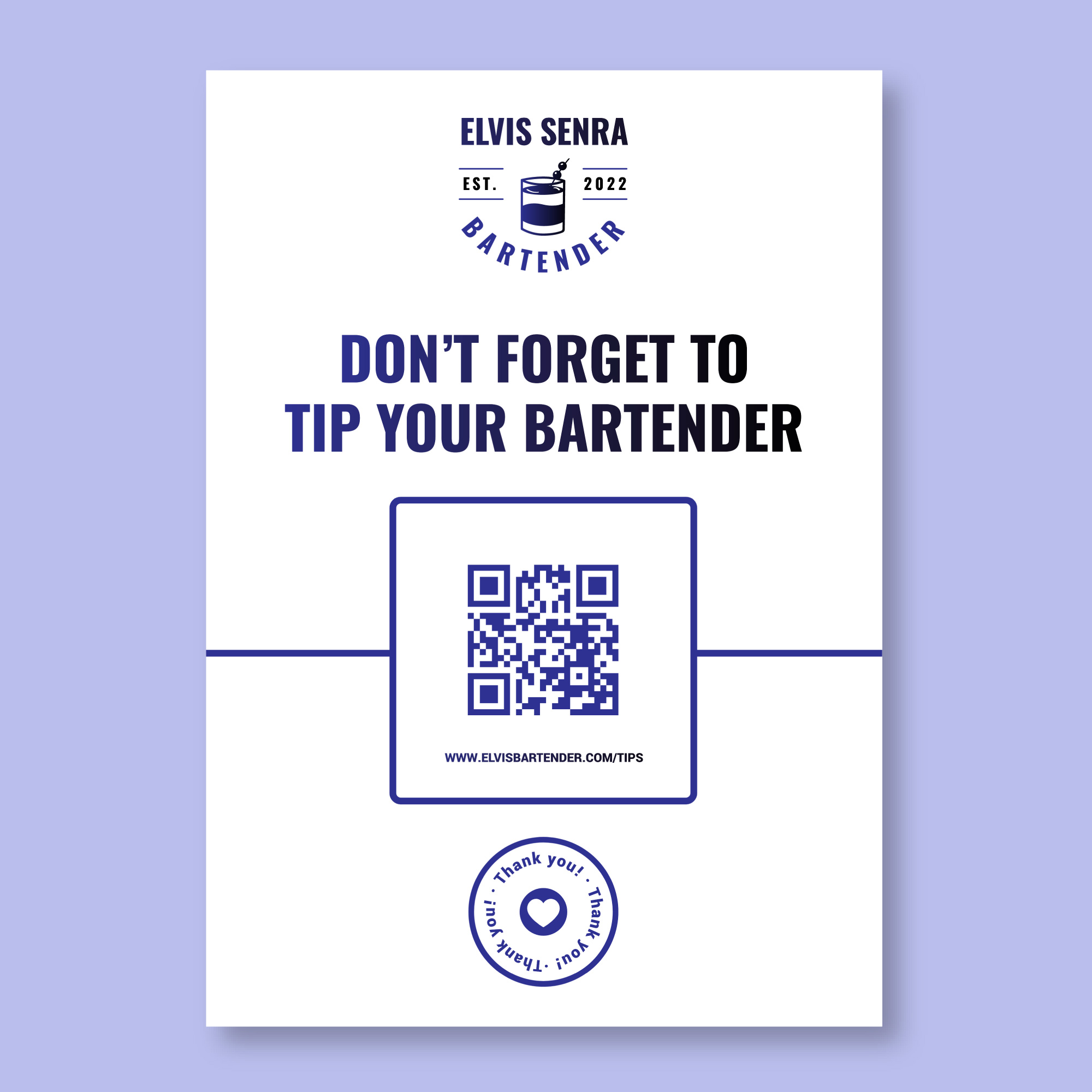 Digital tip jar QR code sign for bartenders and restaurant service staff allowing easy mobile payments.