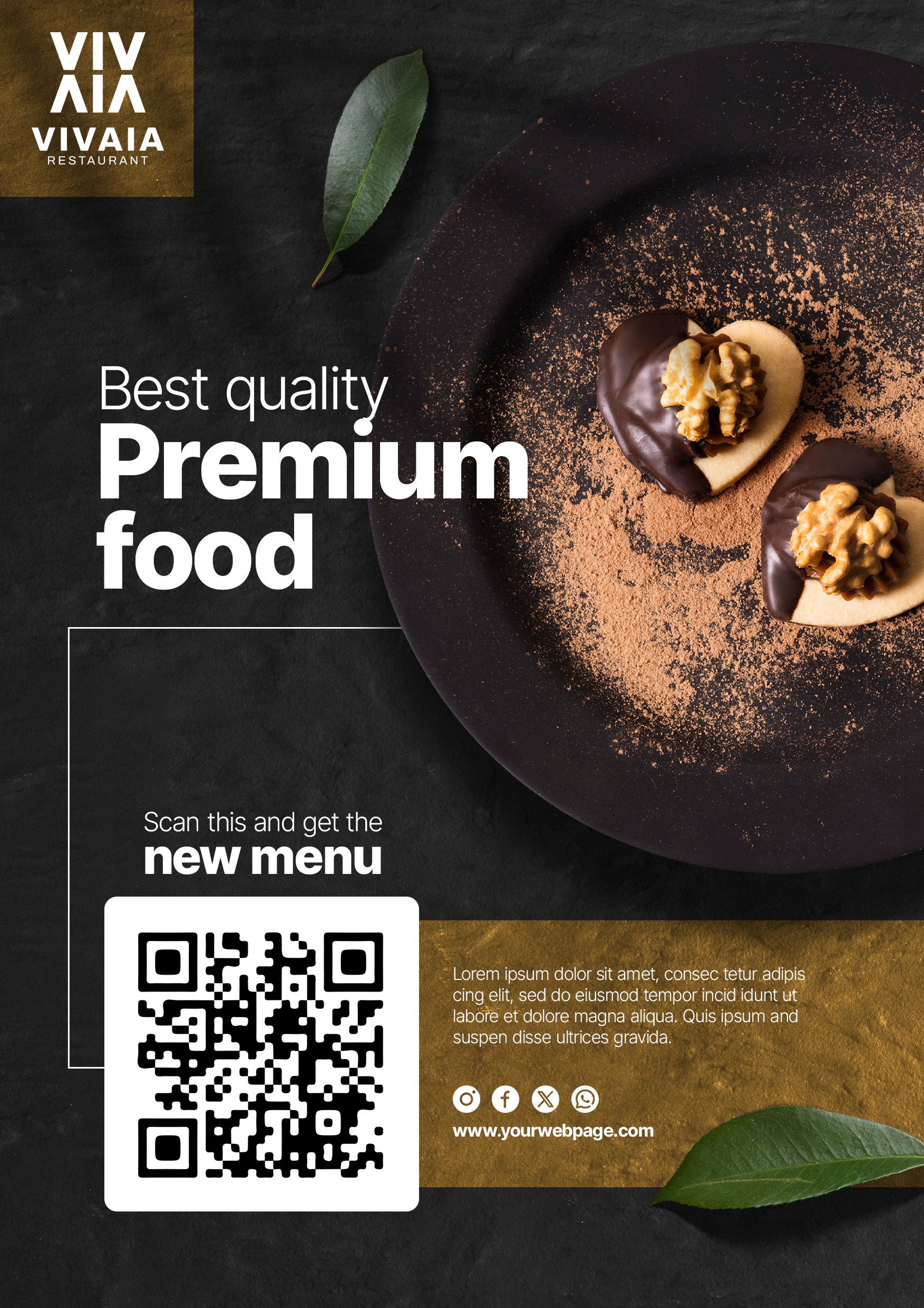 Premium food branding with QR code menu integration for gourmet restaurants and high-quality dining.