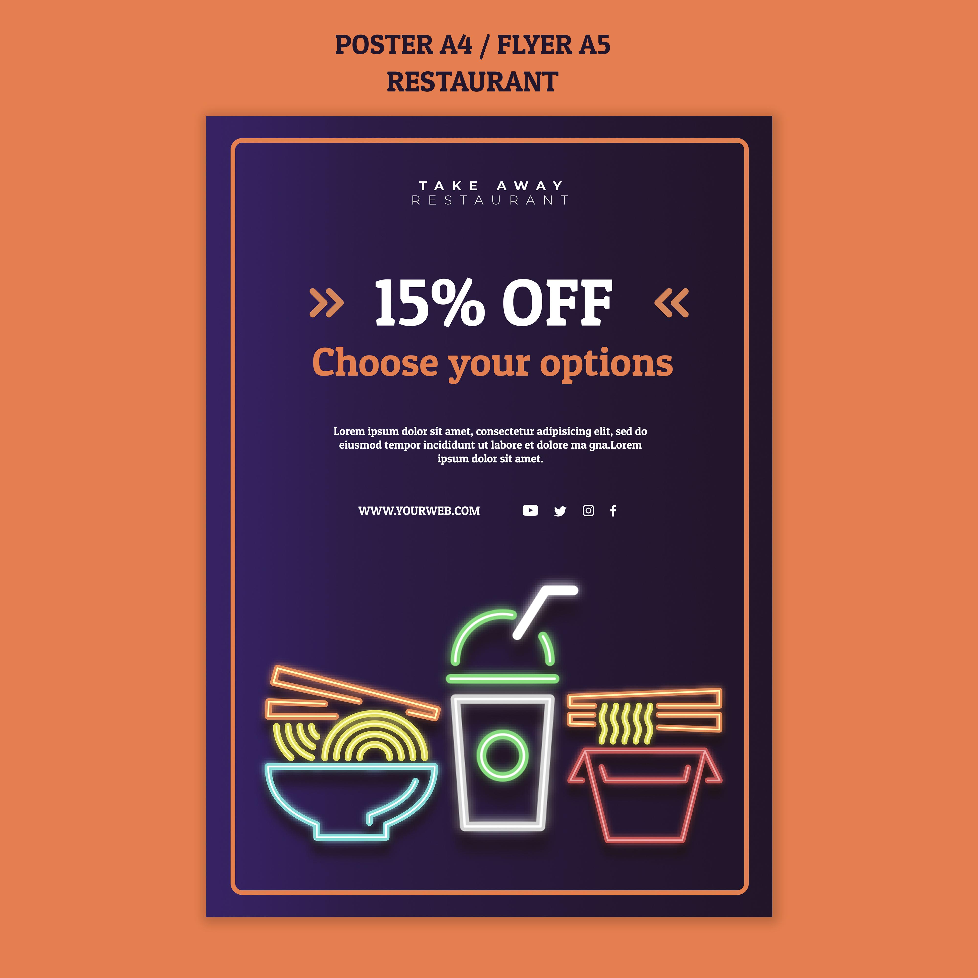 Restaurant poster with promotional QR code campaign offering dining discounts and special deals.
