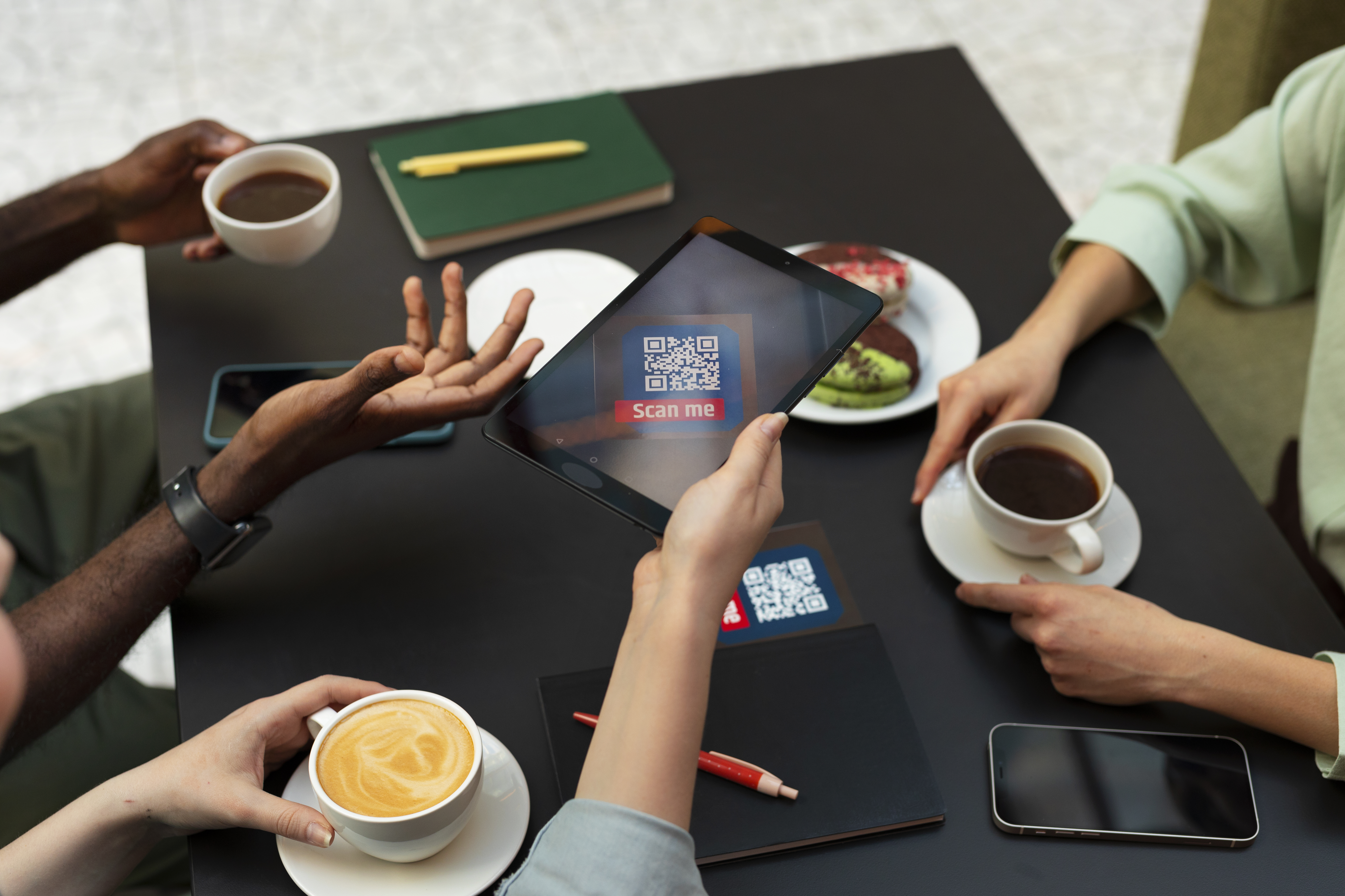 Business team using QR codes for collaborative meeting solutions and presentation material sharing