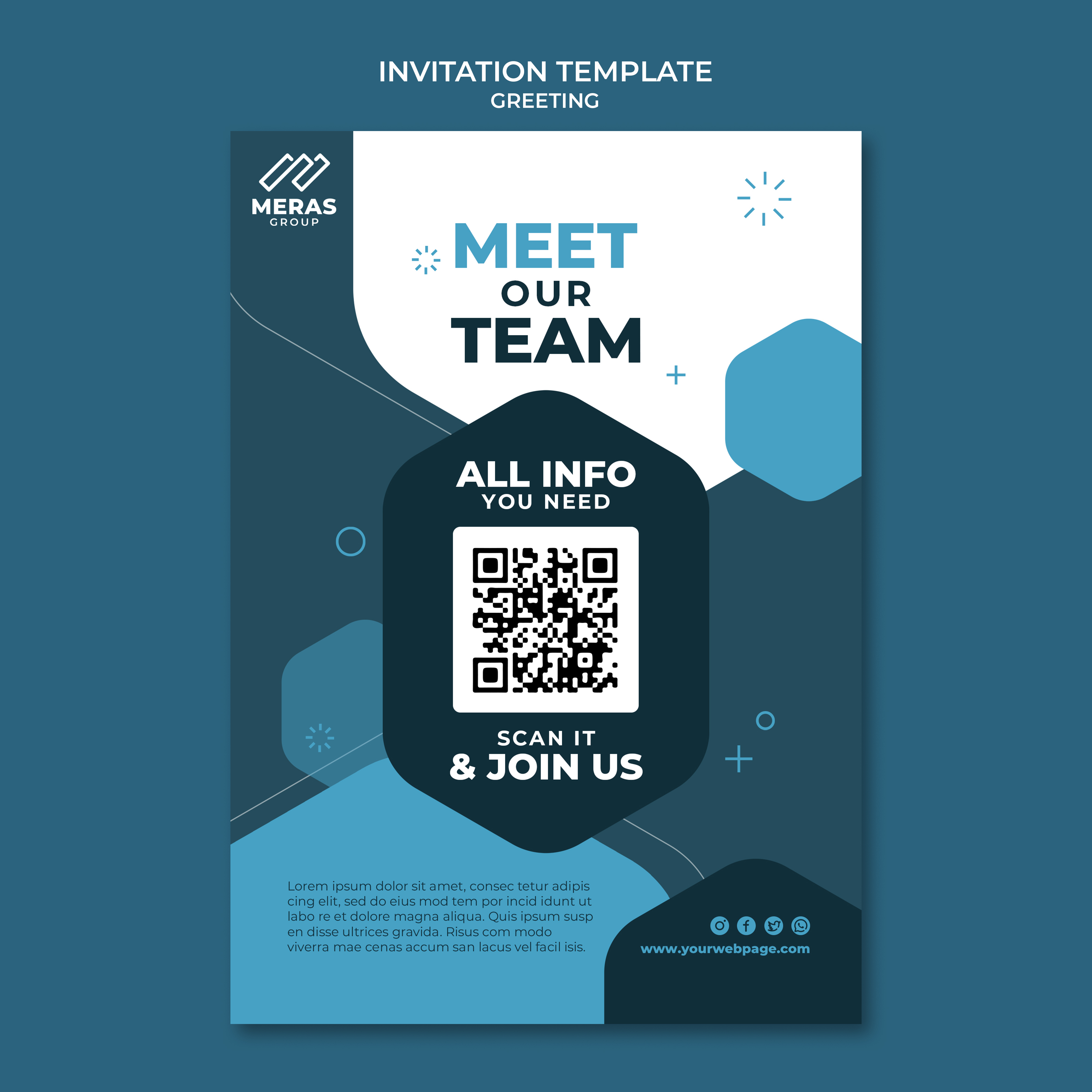 Corporate team building event invitation template with QR code for professional networking and employee engagement activities