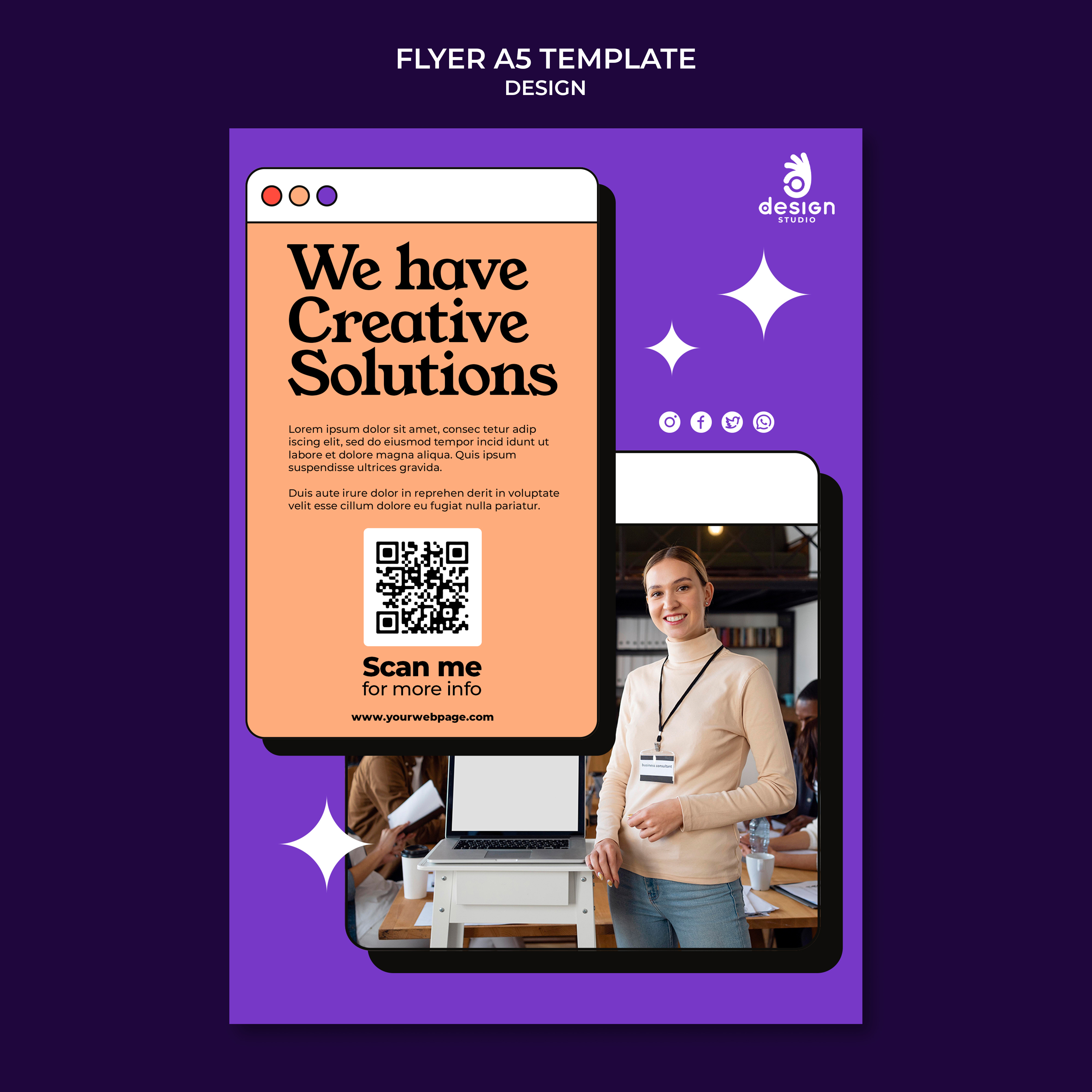 Creative team collaboration workspace featuring QR code project management system for design workflow and client presentations
